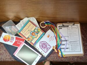 This image is an example of what a worship bag can contain. 